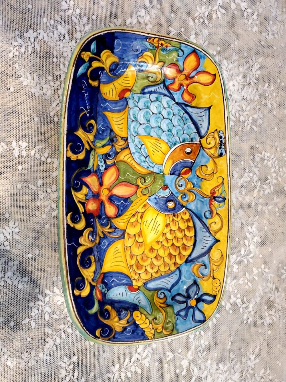 Signed Colorful Hand Painted Rectangle KISSING FISH Deco Platter / Dish ~ ITALY